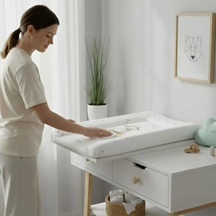 Wickelauflage 50x70 cm, Weiß mit Schäfchen – abwaschbar & wasserdicht, weich für Neugeborene – Wickeltischauflage für Wickelkommode – Baby Wickelunterlage, schnell abwischbar – Bild 7