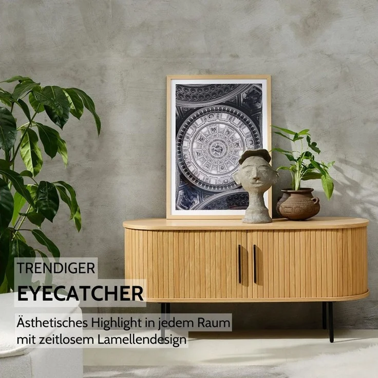Liadomo Lowboard Uriel, TV-Möbel, TV-Board, TV-Unterschrank, 120 oder 180 cm Breite, Schiebetüren, Lamellen, schwarz, weiß, Natur, braun – Bild 3