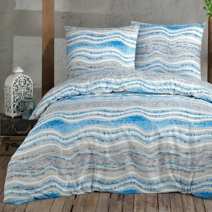 Buymax Bettwäsche, Renforce: 100% Baumwolle, 2 teilig, 135x200 cm Bettbezug Set, mit Reißverschluss, Streifen, Blau Weiß Grau – Bild 1