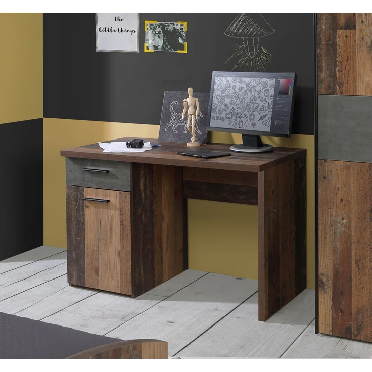 Schreibtisch >WINNIE< 1 Schub+Tür, Old-Wood Vintage Dekor / Betonoptik - 110x76,3x60cm B/H/T – Bild 2