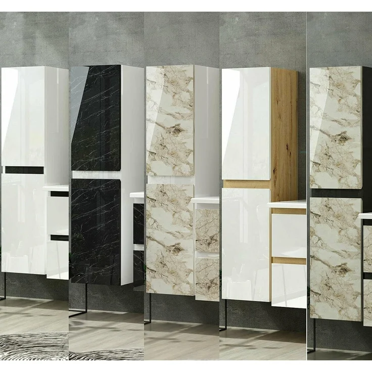 Homeline HS Badezimmerschrank badmöbel Badschrank Hochschrank Badregal (Korpus Schwarz Fronten Weiß Marmor Optik Cobra) – Bild 2
