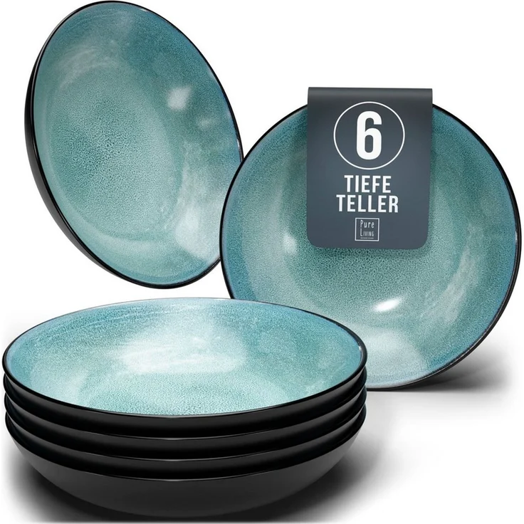 Steingut Suppenteller 6 Pers. Ibiza Hochwertiges Mediterranes TEST SEHR GUT Steingut Tiefe Teller Set - Kratzfest, Für Spülmaschine, Mikrowelle - Pasta Teller Tief Groß - Pure Living in Petrol – Bild 1