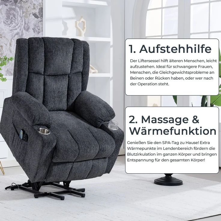 Massagesessel aus Samt mit Aufstehhilfe, Wärme- und Vibrationsfunktion, 91x84x106 cm, Dunkelgrau – Bild 6