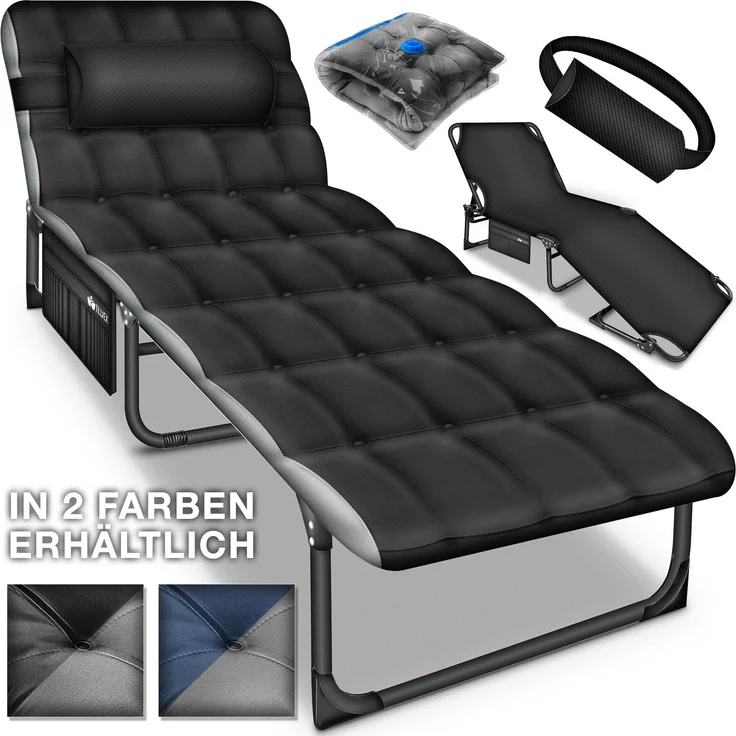 tillvex® Campingbett, mit Tragetasche, Polster & Nackenkissen, klappbar, Gestepptes Material, Oxford-Gewebe, Navyblau, 190 x 68 x 32 cm – Bild 1