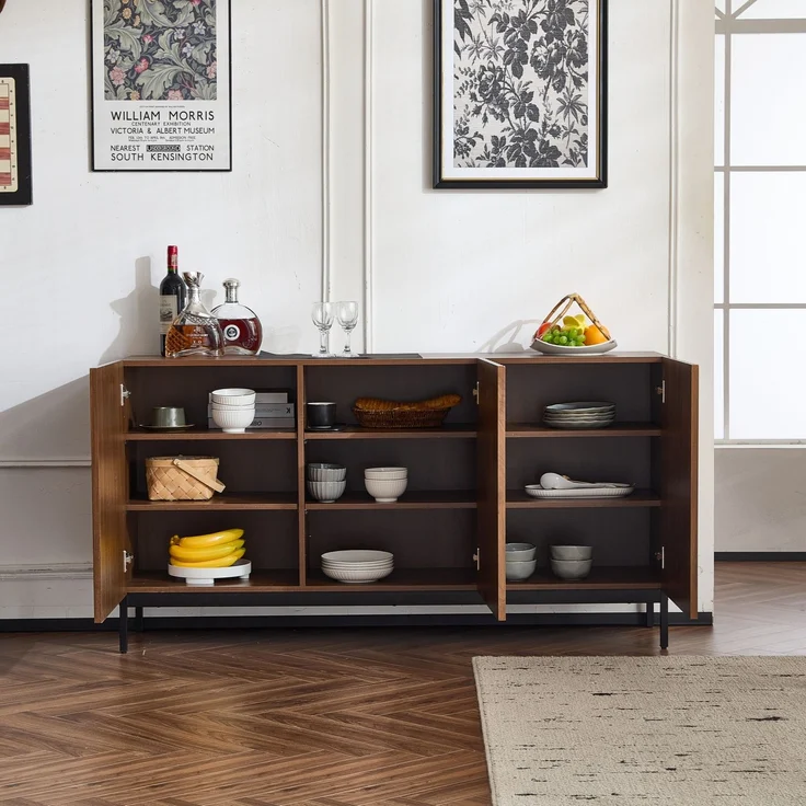 Merax 150x40x80cm Eiche dunkel gemasert, Sideboard, Mid-Century Modern Dekoschrank, 3 Türen, welliges 3D-Design, verstellbare Einlegeböden, Kippsicherung-stilvolle Aufbewahrung für Wohnzimmer, Esszimmer – Bild 5
