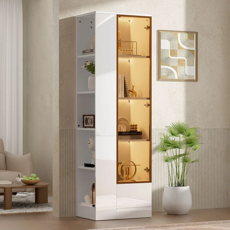 Vitrine 50x35x160 cm in Weiß, Hochglanz mit Glastür, LED und Schublade – Bild 4