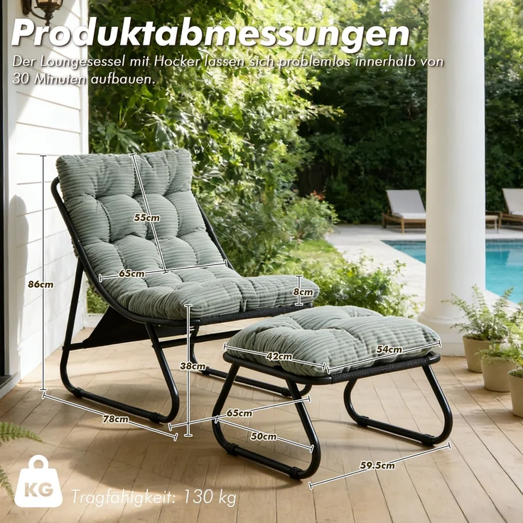 LVHOM Sessel mit Hocker, Gepolsterter Loungesessel aus Cord mit Metallgestell, ergonomischer Relaxsessel für Wohnzimmer und Schlafzimmer, Grün – Bild 5