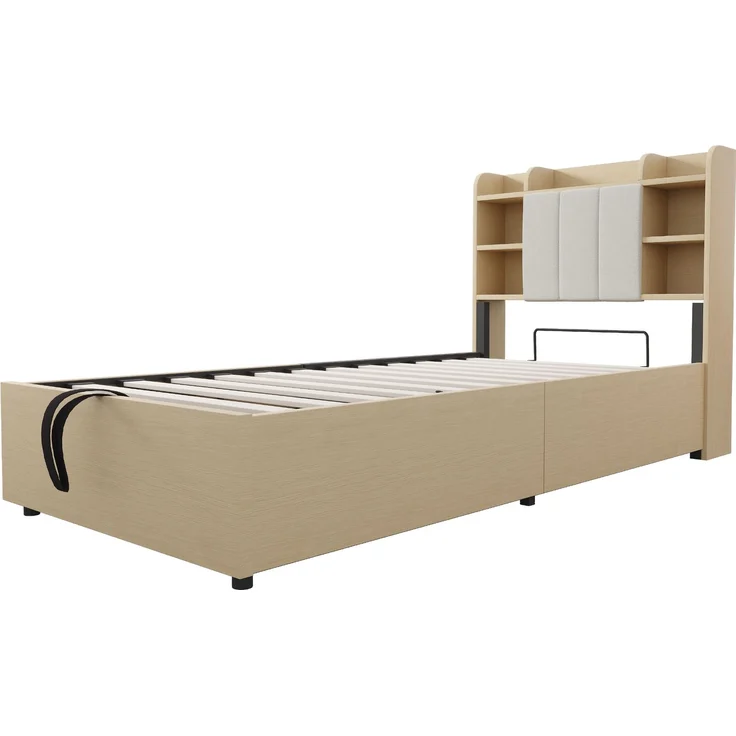 Holzbett 90 x 200 cm, Hydraulisches Bett, Kopfteil mit Stauraum, Ausgestattet mit USB- und Tape-C-Steckdose, Einzelbett, Jugendbett, Holzfarbe (ohne Matratze) – Bild 7
