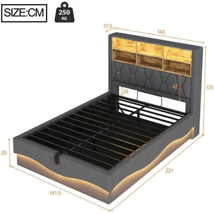 STILVORA Polsterbett 140x200 mit LED-Licht&USB,Jugendbett Doppelbett mit Lattenrost,Grau (mit Hydraulischem Stauraum, APP-gesteuertes LED-Lichtband, USB-Ladeanschluss, Leinenbezug, Platzsparendes Bett mit Stauraum für Bücher und Bettzeug, 140x200 cm), ... – Bild 4