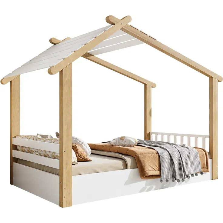Hausbett, 90x200 cm, Kinderbett mit Lattenrost, Holzbett, Einzelbett, Kiefer