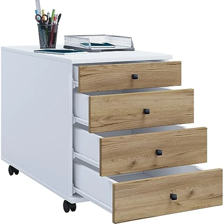 MID.YOU Rollcontainer, Weiß und Honigeiche, Kunststoff, 4 Schubladen, 42x57x50 cm, Arbeitszimmer