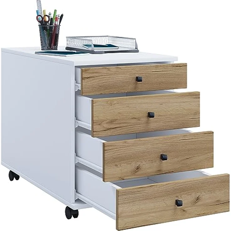 MID.YOU Rollcontainer, Weiß und Honigeiche, Kunststoff, 4 Schubladen, 42x57x50 cm, Arbeitszimmer – Bild 1