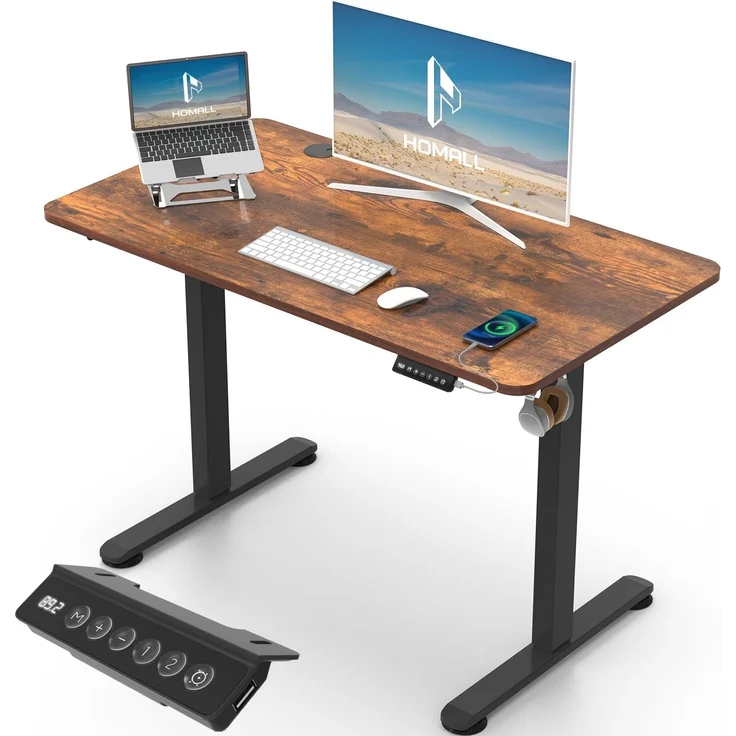 Homall Höhenverstellbarer Schreibtisch 100x60cm mit USB-Anschluss,Braun | Höhe verstellbar 73-118 cm, Memory-Funktion mit 2 Höhen,1 Haken, Bürotisch