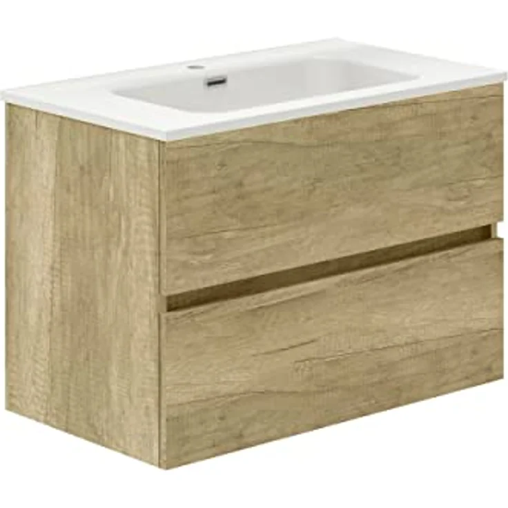 Baikal Badezimmerschrank, Zwei Schubladen, Wandmontage, mit Waschbecken, Melamin 16, montiert, Möbel 70 cm, Natur, ohne Spiegel – Bild 2