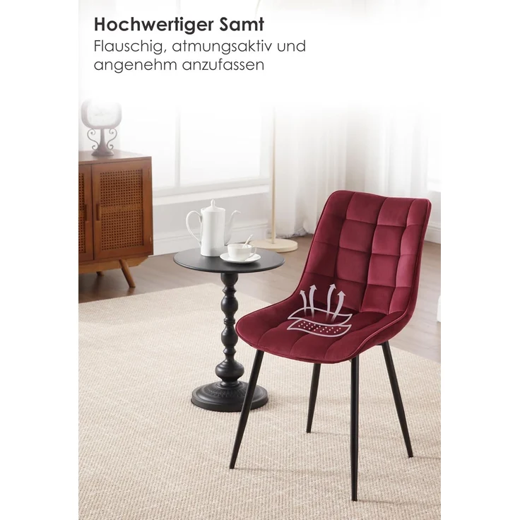 'Elif' 2er-Set Küchenstuhl mit Rückenlehne, Samt/Metallbeine, bordeaux – Bild 7