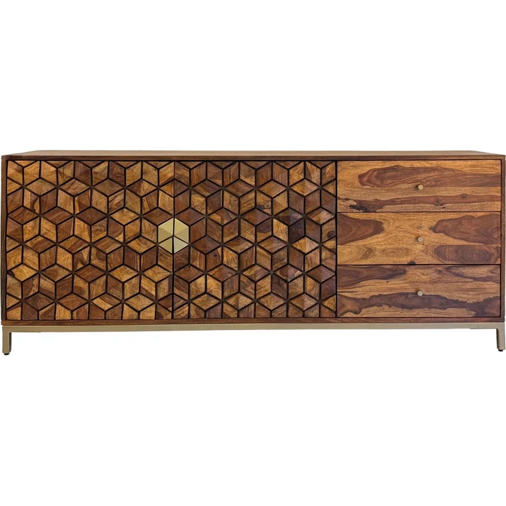 FineBuy Sideboard Sheesham Massivholz 180 cm 2 Türen & 3 Schubladen - Massive Retro Kommode mit Goldfarbenem Metall Gestell - Design Natur Anrichte - Handmade Industrial – Bild 6