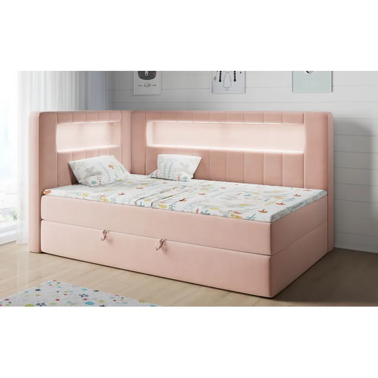Boxspringbett mit LED, Einzelbett mit Bettkasten und Topper - JUNIOR GOLD 3 - 90x200 cm - Rosa - Linke Seite