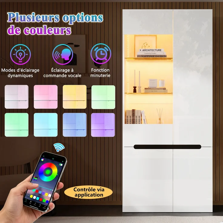 Vitrine mit LED, 4 Flügeltüren mit Trennwand aus Sicherheitsglas, Wohnzimmer Glasvitrine Hochglanzfront, Sammlervitrine für Wohnzimmer, Esszimmer, Schlafzimmer,Weiß,80×35×180cm--Weiß--80x35x180cm--YOUDENOVA – Bild 10