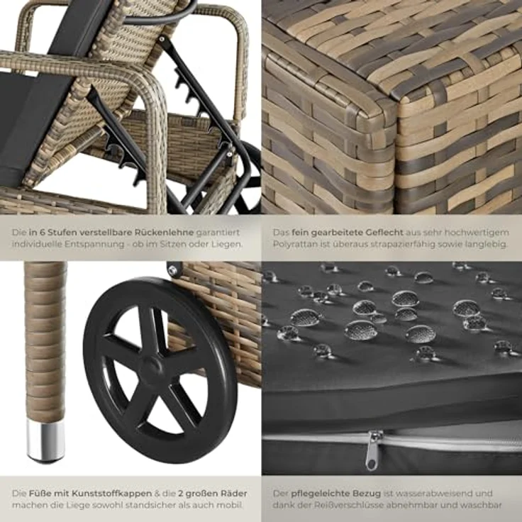 tectake Gartenliege Rattan Sonnenliege, 1, 1 St, 1tlg, widerstandsfähig – Bild 7