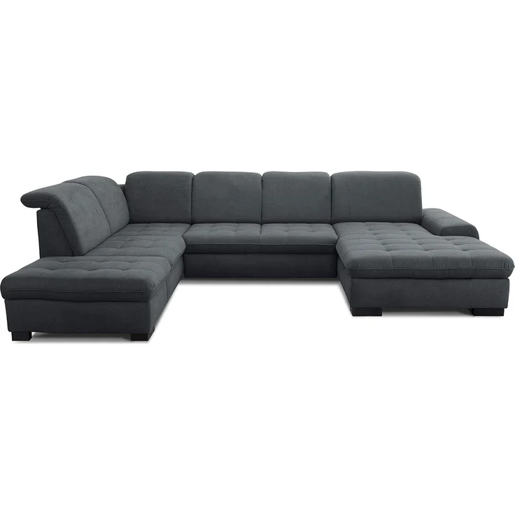CAVADORE U-Form Lexi mit XXL-Longchair / Inkl. Bett, Bettkasten, Stauraum und Kopfteilfunktion / Leichte Fleckenentfernung dank Soft Clean / 329x82-99x224 / Flachgewebe: Dunkelgrau