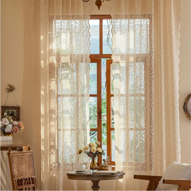 Diwzbyn Gardine Vintage-Spitzenvorhang, lichtdurchlässiger Vorhang mit Blumenmuster, geeignet für Schlafzimmer, Wohnzimmer und andere Wohnraumdekoration – Bild 2