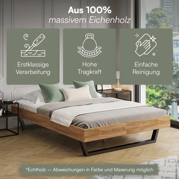skølm 'Alver' Bett 140x200 cm, Bettgestell, natur geölt, Massivholzbett aus Eiche mit Metallkufen, Doppelbett ohne Bettkopf – Bild 3