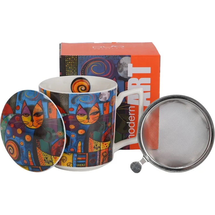 DUO Becher 450 ml mit Teesieb MODERN CAT New Bone China Porzellan