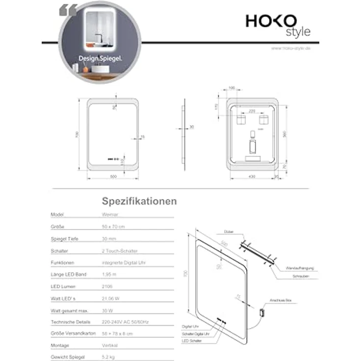 HOKO LED Badspiegel Weimar, 50x70 cm, moderner Lichtspiegel mit Digital-Uhr, Touch-Schalter und wechselbarem LED Licht (Warmweiß/Kaltweiß/Neutral) – Bild 5