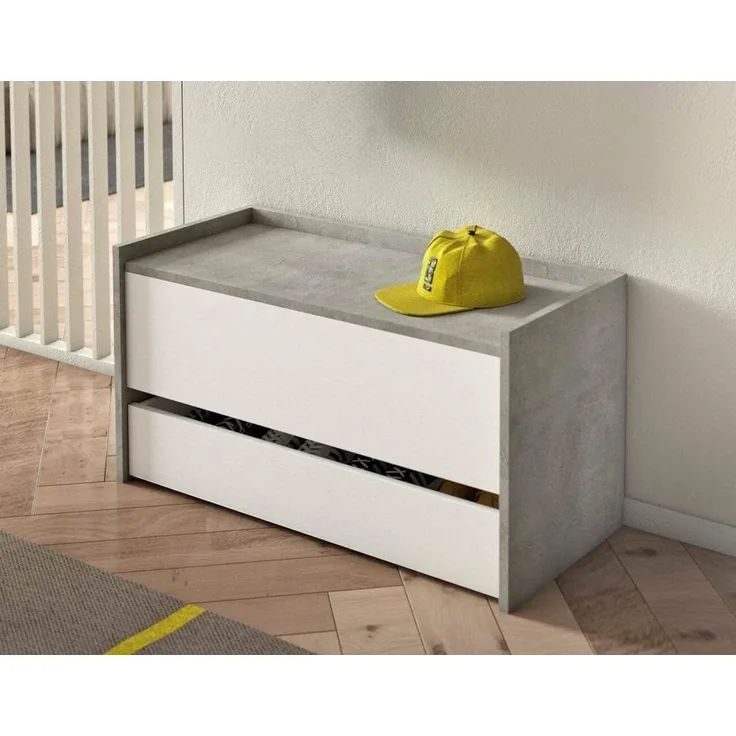 Dmora Moderne Eingangsmöbel mit Schuhregal, 100% Made in Italy, Kommode mit zwei Behältern, 90x40h46 cm, Farbe Weiß und Beton