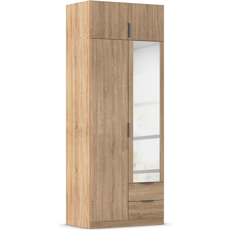 Rauch Möbel Lagoa, Kleiderschrank, Garderobe für Schlafzimmer, Kinderzimmer, Jugendzimmer 4-türig, mit Spiegel, 2 Schubladen, mit Zubehör Classic, Farbe Eiche Sonoma, Holz, Breite 91 – Bild 1
