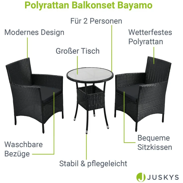 Juskys 'Bayamo' Balkon-Set für 2 Personen – Tisch, 2 Stühle mit Auflage, Polyrattan schwarz / grau – Bild 11