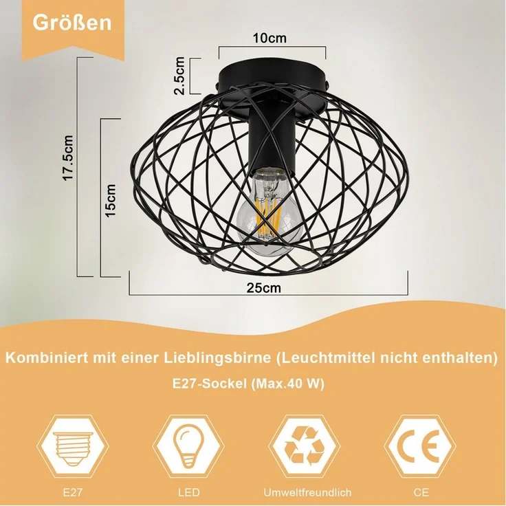 Nettlife Deckenleuchte Schwarz Vintage Kaefig Deckenstrahler E27 Lampenfassung Metall, LED wechselbar, Einzeln Esszimmerlampe für Wohnzimmer Küche Schlafzimmer Flur – Bild 3