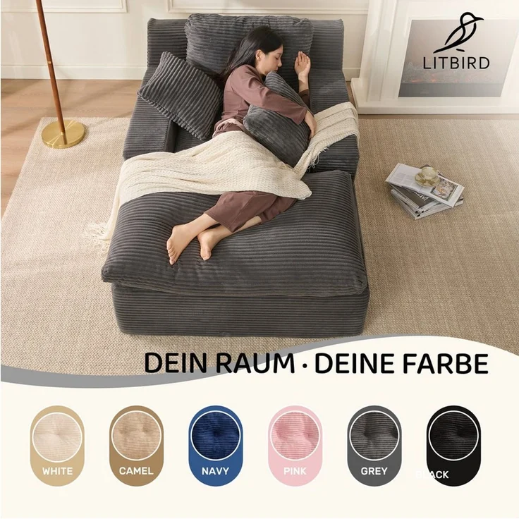 LITBIRD Chaiselongue 160 cm Loungesofa, Boneless Bodensofa & Schlafsofa mit Schlaffunktion, 1 Teile, Platzsparendes Cloud Sofa mit Armlehnen für Wohnzimmer – Bild 3