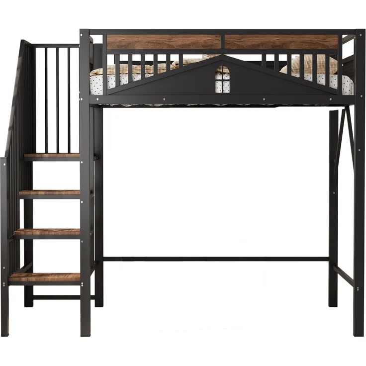 Metall-Hochbett 90x200 cm, Einzigartige Sicherheitsumrandung mit Fenster, Mit Sicherheitsleiter, Genügend Platz unter dem Bett für freien Stoffbezug, Schwarz – Bild 5