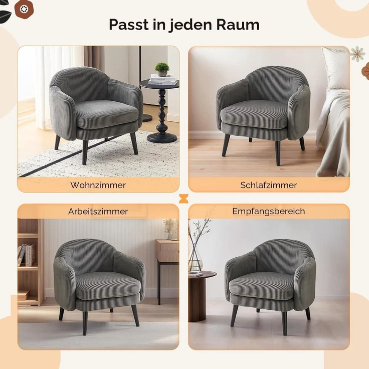 Sessel Cocktailsessel Loungesessel Lesesessel 113kg Cord-stoff Grau – Bild 8