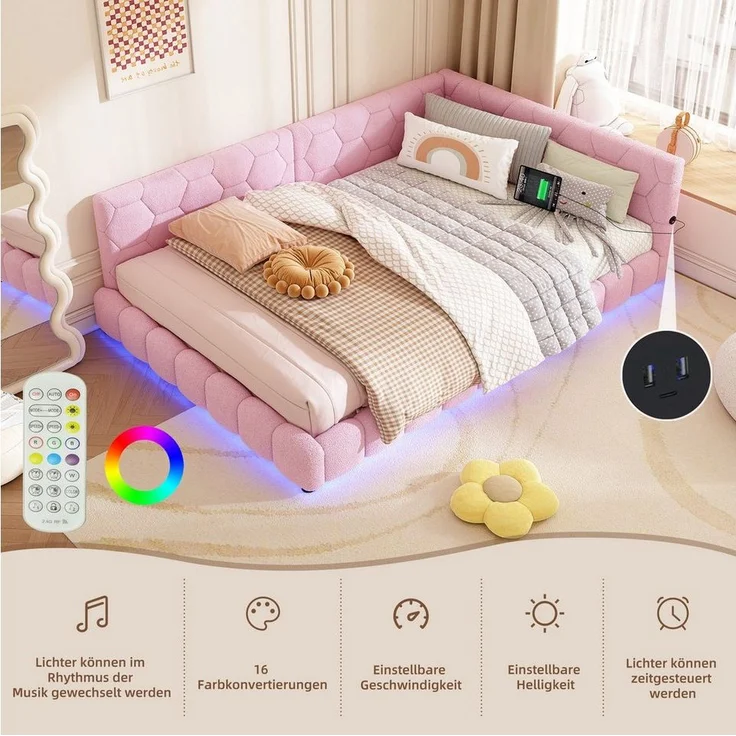 Flieks Polsterbett, LED Doppelbett Daybett Tagesbett Samt 140x200cm mit USB-Anschluss – Bild 3