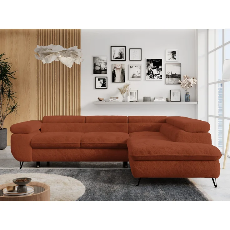 Ecksofa mit Bettfunktion, Modern Sofa, L-form, Einstellbare Kopfstützen, Bettkasten - PETER - Orange Plüsch - rechts – Bild 4