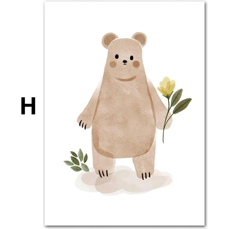 Poster Kinder süße Tiere im Boho Stil Bär Reh Regenbogen Vogel und Blume als Deko Print ohne Rahmen - H / 60 x 90 cm