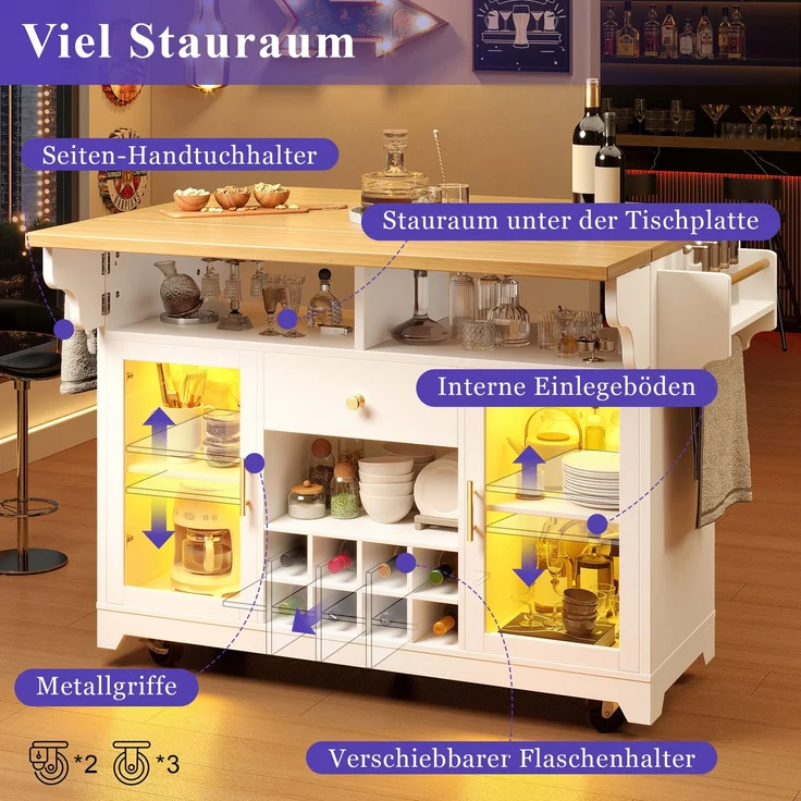 ZUBALIYA Küchenwagen, mit Stauraum, mit LED-Beleuchtung, mit App-Steuerung, mit Klapptischplatte, mit Rollen, Weiß, MDF – Bild 8