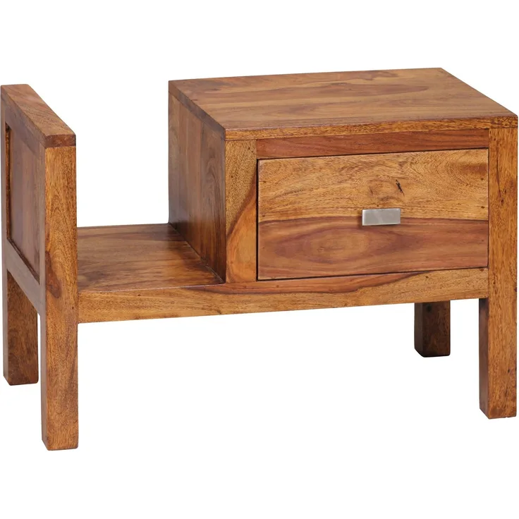 Wohnling Nachttisch Massiv-Holz Sheesham Nacht-Kommode 40 cm Schublade mit Zeitungsablage Nachtschrank Echt-Holz Nachtkästchen dunkel-braun Landhaus-Stil Nachtkonsole Natur-Produkt Schlafzimmer-Möbel
