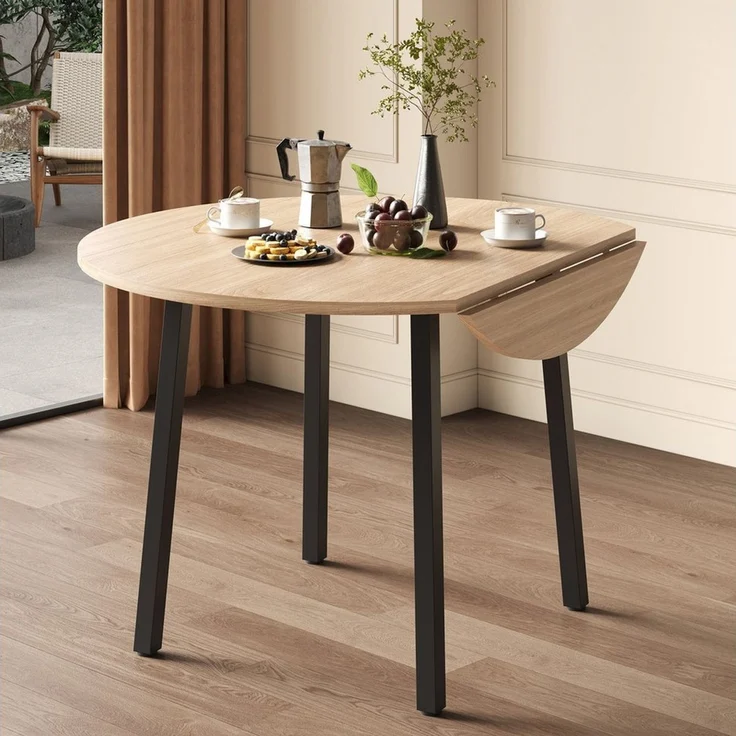 HAUSS SPOLE Esstisch mit Metallbeine,Tischplatte Kaffeetisch rund Klappbar für Wohnung (Packung, 1-St, klappbare Tischplatte, geeignet für kleine Wohnungen, Eichenfarbe), für 2-4 Personen, rund, Metallbeine – Bild 1