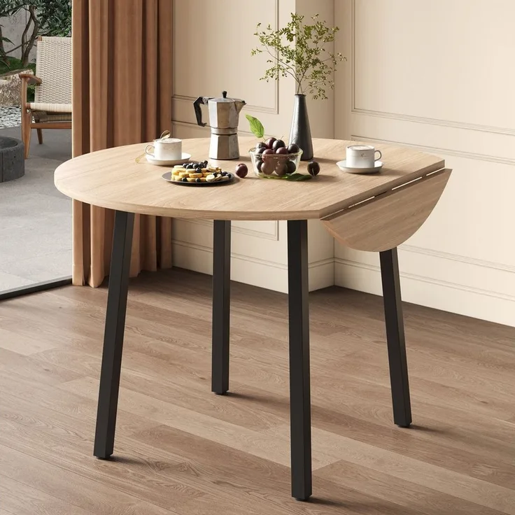 HAUSS SPOLE Esstisch mit Metallbeine,Tischplatte Kaffeetisch rund Klappbar für Wohnung (Packung, 1-St, klappbare Tischplatte, geeignet für kleine Wohnungen, Eichenfarbe), für 2-4 Personen, rund, Metallbeine