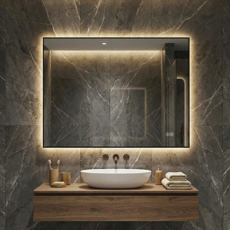 Badezimmerspiegel 60x80 cm in Silber, LED-Hintergrundbeleuchtung und Anti-Beschlag-Funktion – Bild 3