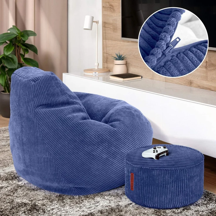Green Bean® Sitzsack mit Hocker aus Cord - Sitzsäcke für das Wohnzimmer, Schlafzimmer, Sitzsack-Sessel für Erwachsene Dunkelblau – Bild 3
