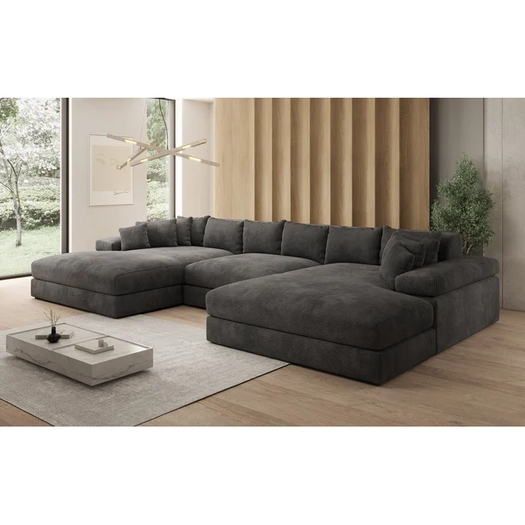 Luxusbetten24 Sofa Designer Sofa Bernardo U in Cord, mit breiter Ottomane – Bild 3