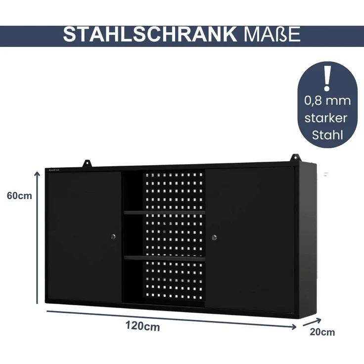 Hängeschrank Werkstatt abschließbar OLIS - Metallschrank hängend | Werkstattschrank Werkzeugschrank Wandschrank Garage, 60x120x20cm Schwarz – Bild 2