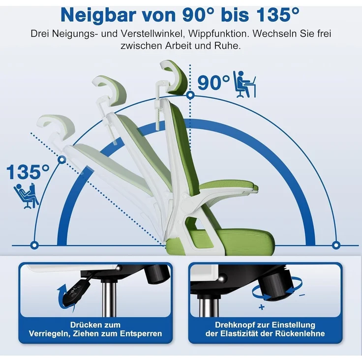 Ergonomischer Bürostuhl mit verstellbarer Kopfstütze und Armlehnen, Grün, 150kg – Bild 3