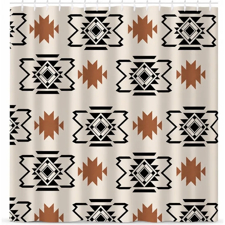Duschvorhang im Indianer-Muster wasserabweisend Beige-Schwarz 240 x 180 cm