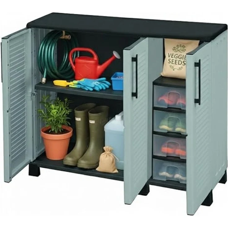 Dmora - Outdoor-Garderobe aus Fell, Mehrzweck-Balkongarderobe, 3-türiger Outdoor-Schrank, 100% Made in Italy, 102 x 37 x 90 cm, Hellgrau und Schwarz, gestreifte Oberfläche – Bild 3