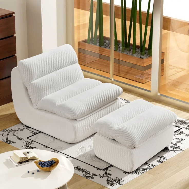 Beanbag Sofa aus Cord mit Fußhocker, 101x81x75 cm, Weiß – Bild 3